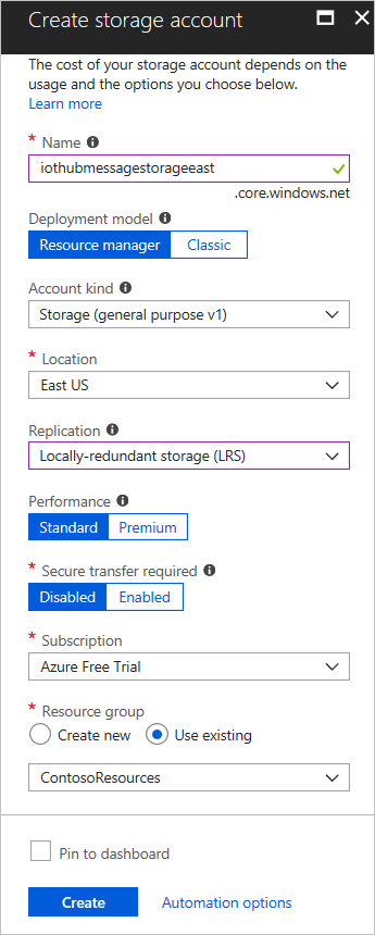 Create an storage account in the Azure Portal